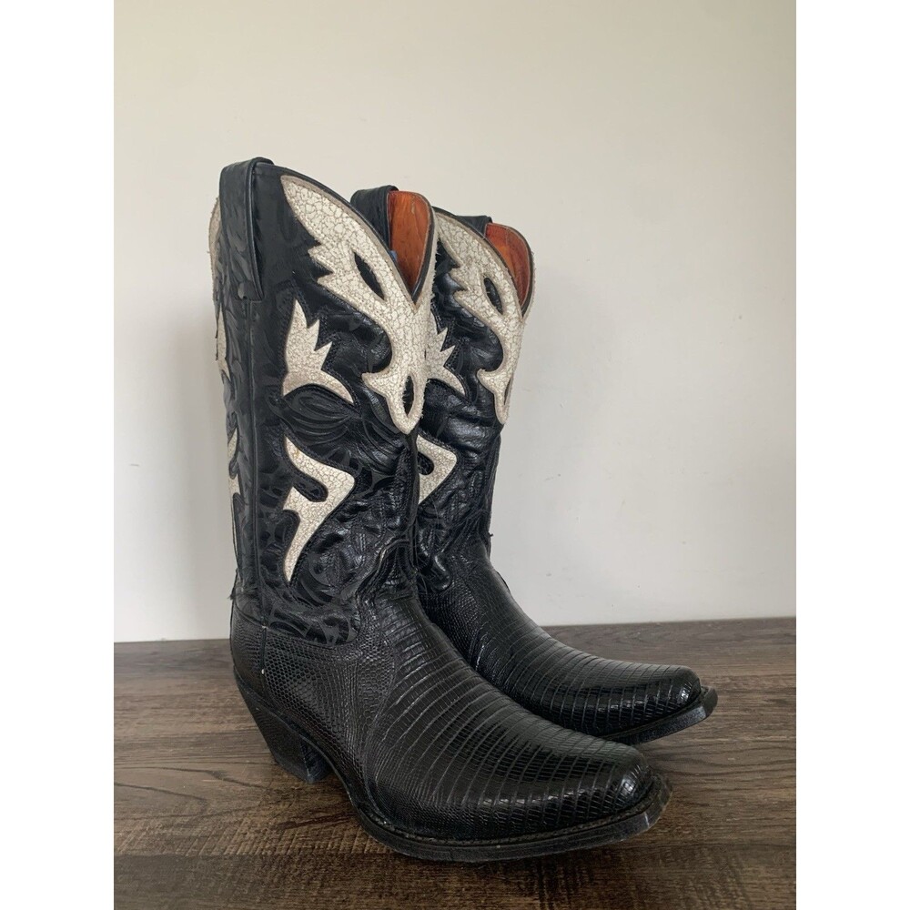 Frye Lily Cowboy Boots Women’s 8B Black Genuine Lizard Leather Western Snip Toe